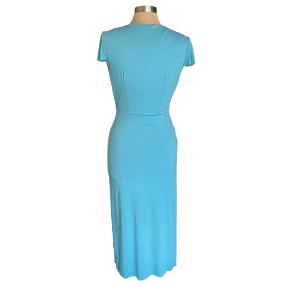 Juicy Couture Turquoise Faux Wrap Midi Dress Knit Ruffle Asymmetric Hem Sz MED - Picture 5 of 8